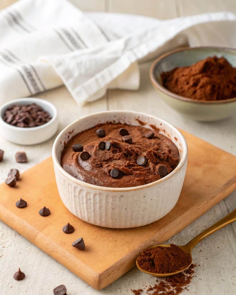 No Bake High Protein Brownie Batter in a White Rustic Bowl