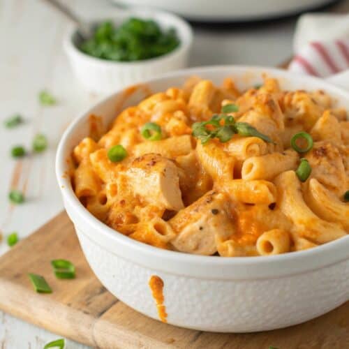 High protein buffalo chicken mac and cheese in a white bowl