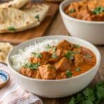 Creamy chicken tikka masala served with white rice in a rustic bowl, topped with fresh cilantro. Naan, herbs, and sauce bowls in the background.