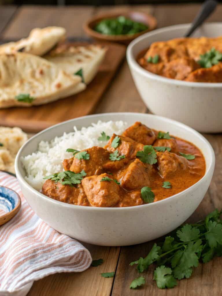 Creamy chicken tikka masala served with white rice in a rustic bowl, topped with fresh cilantro. Naan, herbs, and sauce bowls in the background.