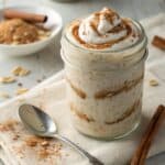 High Protein Cinnamon Roll Overnight Oats in a Mason Jar