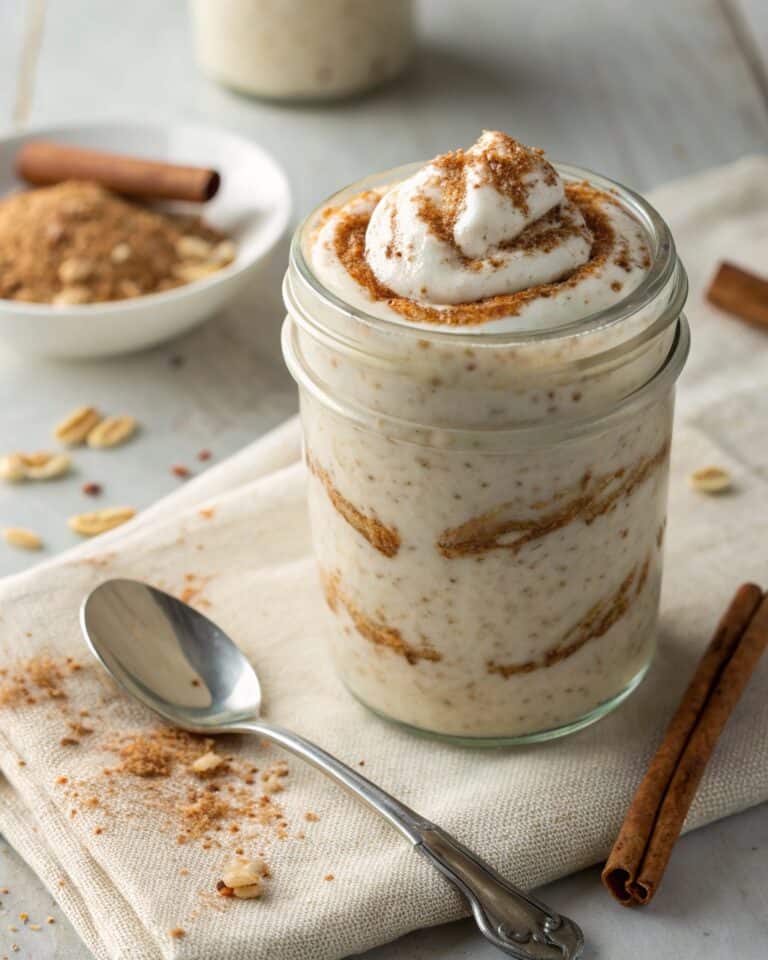 High Protein Cinnamon Roll Overnight Oats in a Mason Jar