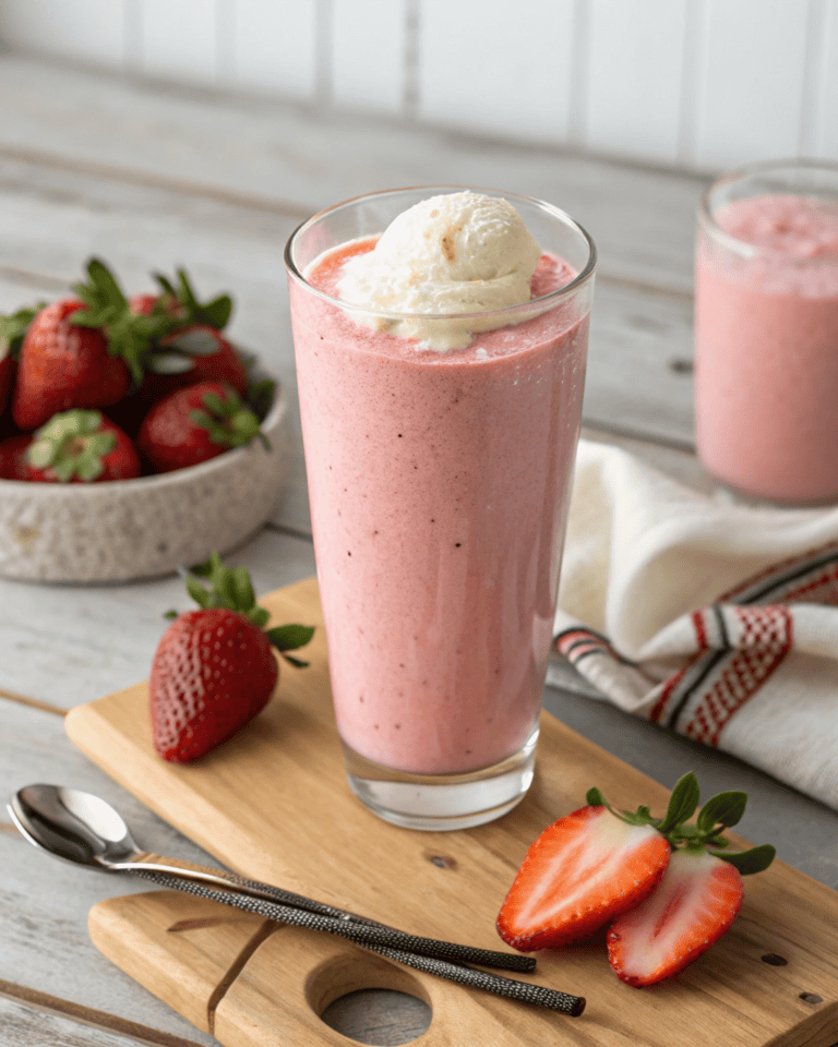 Strawberries and cream protein smoothie in a glass on a modern kitchen counter with a scoop of ice cream on top