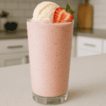 Strawberries and cream protein smoothie in glass with scoop of ice cream on top