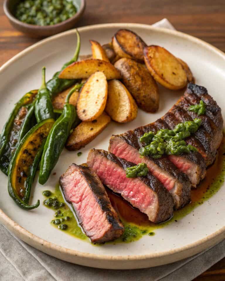 Grilled Marinated NY Steak with Roasted Fingerling Potatoes, Shishito Peppers, Chimichurri & Caramelized Onion Jus