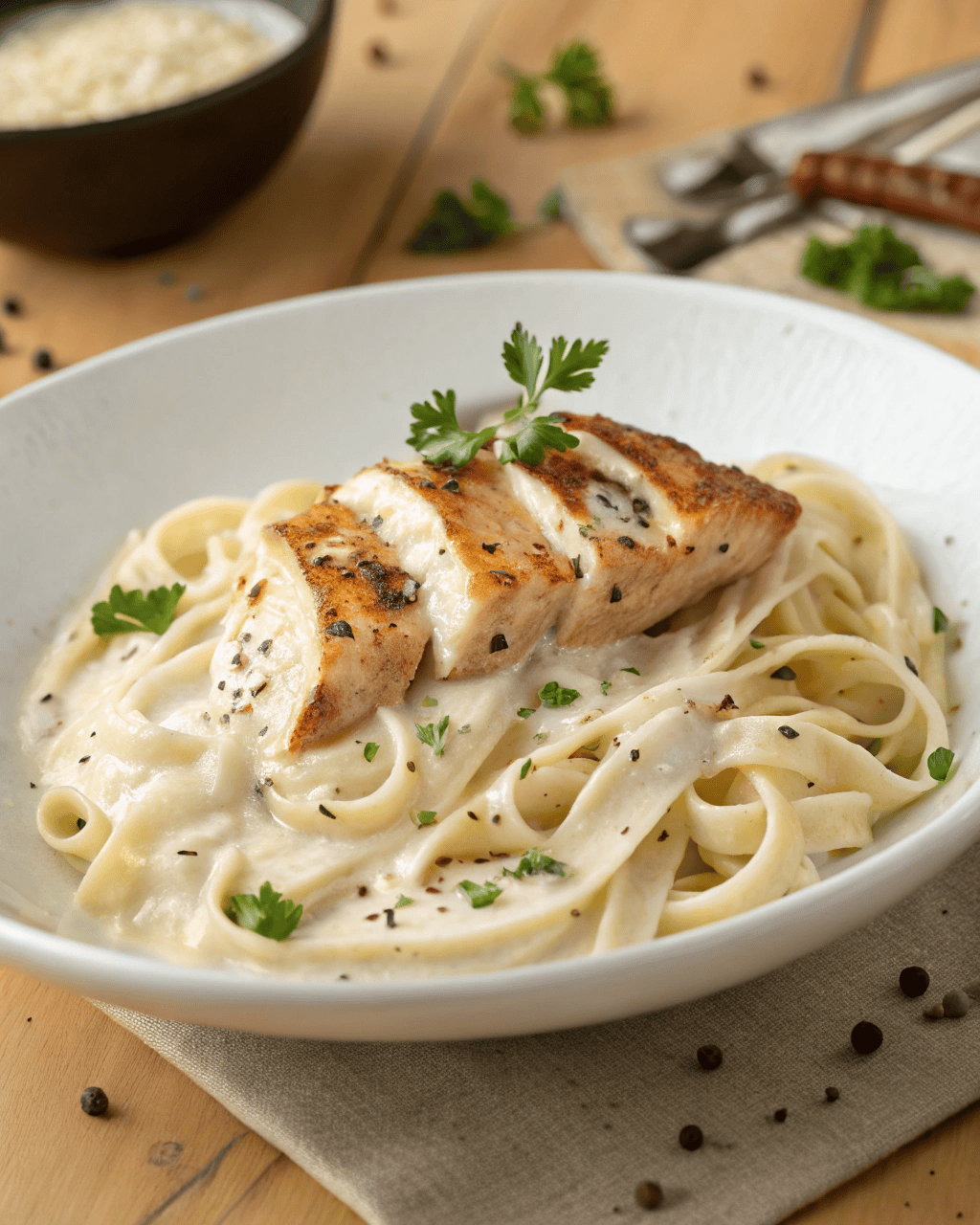 Bowl of high-protein Alfredo pasta with grilled chicken on top, parsley garnish