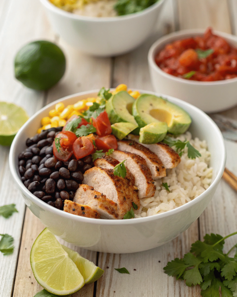 A colorful burrito bowl filled with rice, grilled chicken, black beans, avocado, cheese, and fresh toppings, served in a rustic ceramic bowl on a wooden table.