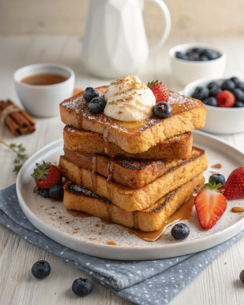 Stack of high-protein French toast with syrup, blueberries, strawberries and butter on a white plate.