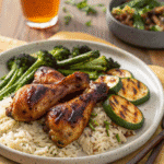 Grilled bourbon chicken drumsticks served over white rice with grilled broccolini and zucchini slices