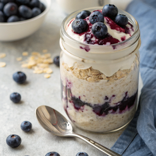 Blueberry overnight oats in a jar topped with yogurt and berries on a rustic table.”