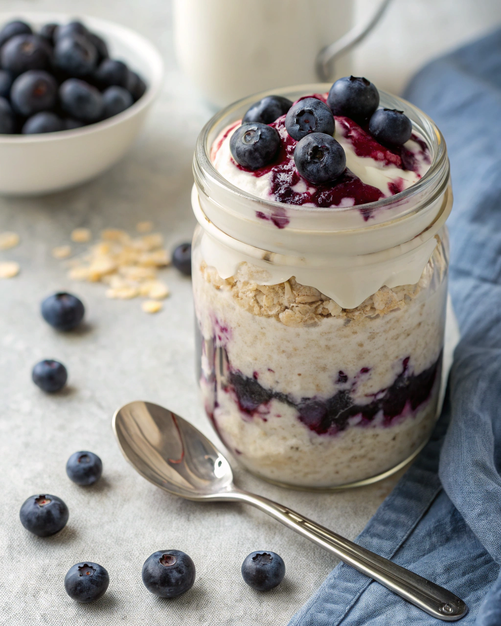 Blueberry overnight oats in a jar topped with yogurt and berries on a rustic table.”