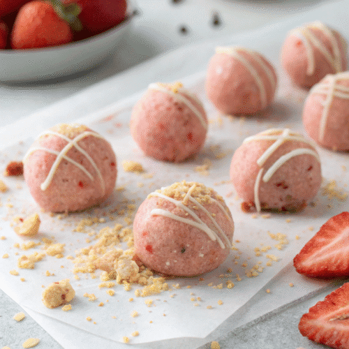 Close-up of strawberry shortcake protein balls with visible strawberry bits and a dusting of cookie crumbs